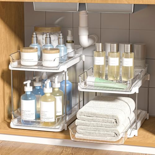 Delamu 2-Tier Multi-Purpose Bathroom Under Sink Organizers and Storage, Stackable Kitchen Pantry Organization, Pull Out Medicine Cabinet Organizer with Movable Dividers, White, 2 Pack by DELAMU