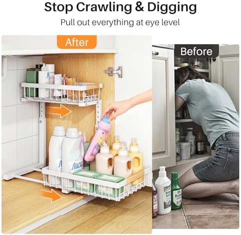 PXRACK Under Sink Organizer, Adjustable Height, 2 Tier Pull Out Under Cabinet Organizer, Slide Out Thickened Metal Under Sink Storage for Kitchen Bathroom Laundry Pantry Cabinet, White, Small-1-Pack - Image 4