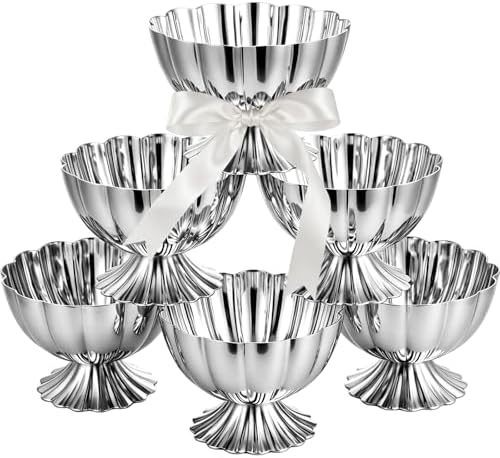 6 Pcs Stainless Steel Ice Cream Bowls Mini Silver Serving Pudding Dessert Cup Sauce Bowls Round Footed Yogurt Snack Candy Cups for Mousse Fruit Salad Wedding Party Favor by Ferrochef