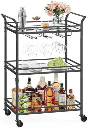 VASAGLE Bar Cart Black, Large Home Bar Serving Cart with 3-Tier by VASAGLEbySONGMICSHOME