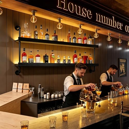 Wall Mounted Wine Rack with LED Light - 2-Tier Solid Wood Industrial Rustic Floating Shelves, Bottle Storage Organizer for Kitchen, Bar, Pub, Cellar, Home Bar (Black, 2-155cm/61in) - Image 3