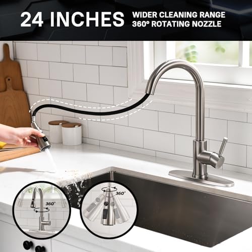 WEWE Pull-Down Kitchen Faucet, 3-Mode Sprayer, Brushed Nickel, 2 Set - Image 3