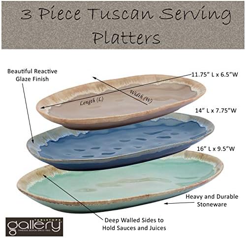Tabletops Gallery Tuscan Collection Reactive Glaze 3 Piece Oval Stoneware Serving Trays Platters Kitchen Serveware, Blue Teal Green Brown - Image 2