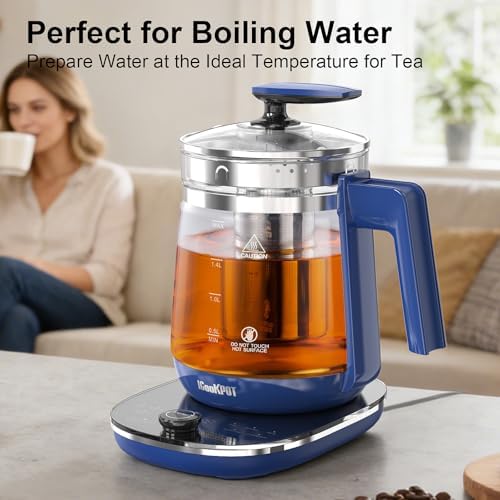Electric Kettle 1.5L Borosilicate Glass, 1200W Temperature Control Tea Kettle with Auto Shut-Off & Boil-Dry Protection, BPA-Free Stainless Steel Base, Fast Boil for Coffee & Tea, Blue - Image 2