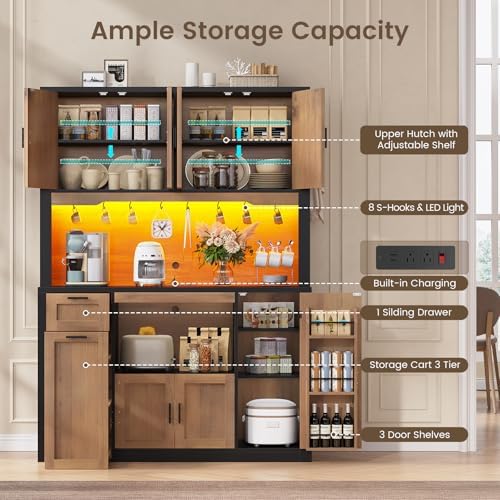 Itaar 71" Pantry Cabinet with Charging Station and LED Light, Kitchen Pantry Cabinet with Microwave Stand, 47.2" Wide Kitchen Storage Cabinets with Storage Cart 3 Tier for Dining Room,Brown - Image 4