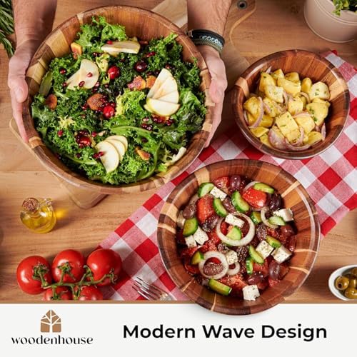 Wooden Salad Bowl Set of 3, Wavy 12" 10" 8" Wood Serving & Mixing Bowls - Image 5