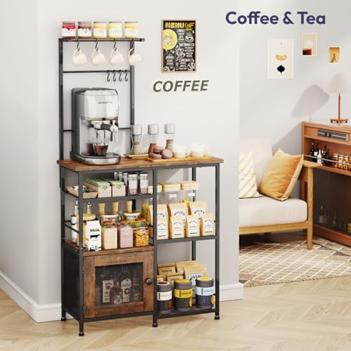 SWTYMIKI Bakers Rack with Storage - Coffee Bar Cabinet Organizer with 8 Hooks, Shelves & Cabinet Door, Coffee Station for Kitchen Dining Room, Microwave Stand with Adjustable Feet, Espresso - Image 5