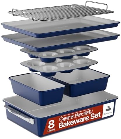 Bakken 8-Piece Stackable Bakeware Set - Ceramic Non-Stick Coating, Baking Sheets, Assorted Baking Pans, PTFE, PFOA & PFOS Free - Healthy Baking, Ergonomic Handles, Cooling Rack, Non-Toxic, Oven-Safe by Bakken-Swiss