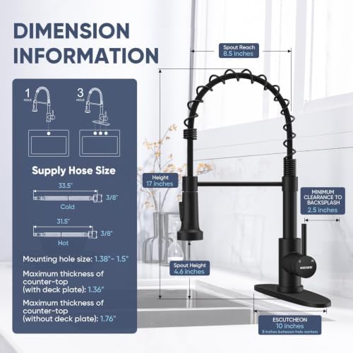 WEWE Matte Black Kitchen Faucet with Pull Down Sprayer, Commercial Stainless Steel Spring Single Handle Single Hole Sink Faucet for Farmhouse, RV, Laundry and Utility Room - Image 3