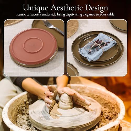 E-far Stoneware Dinnerware Sets for 2, 6 Pieces Reactive Glaze Plates and Bowls Sets, Elegant Dishes with Rustic Terracotta Base, Dishwasher & Microwave Safe, Scratch Resistant, Deep Camel - Image 5
