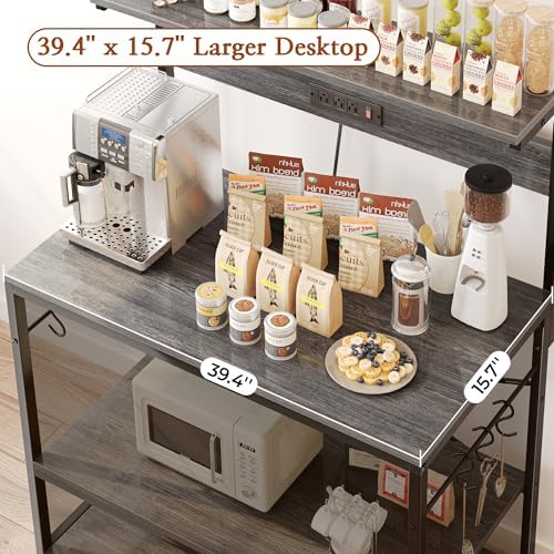 SUPERJARE Bakers Rack with Power Outlets, Microwave Stand, 39.4 X 14.3 Inch Larger Desktop, Kitchen Storage Rack with Adjustable Middle Shelf, 6 S-Shaped Hooks, Coffee Bar Stand, Grey - Image 6