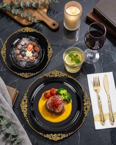 Morejoy 175PCS Black and Gold Plastic Plates Dinnerware Sets for 25 Guests - Image 5