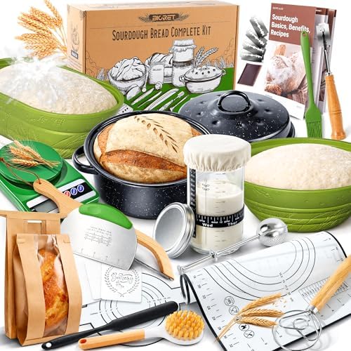 Sourdough Starter Kit for Beginners, 34 oz Starter Jar with Scale Marking, 2 Silicone Proofing Baskets, Complete Bread Baking Kit with Guide & Recipes, Easy to Use & Clean - Green by BICRET