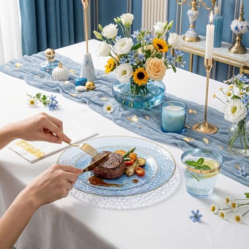 Rubtlamp 350 Pcs Clear Blue Plastic Plates, Blue Gold Plastic Dinnerware Set (50 Guests), Blue Disposable Plates With Gold Rim, Hammered Party Plates Set for Wedding And Party - Image 3