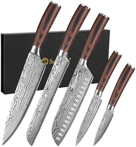 Sunnecko Kitchen Knife Set 5 Piece Chef Knife Set Professional High Carbon Stainless Steel, Sharp Kitchen Knives with Wooden Handle by Sunnecko