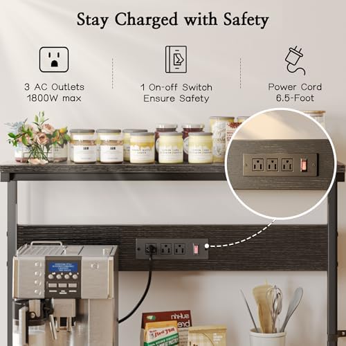 SUPERJARE Bakers Rack with Power Outlets, Microwave Stand, 39.4 X 14.3 Inch Larger Desktop, Kitchen Storage Rack with Adjustable Middle Shelf, 6 S-Shaped Hooks, Coffee Bar Stand, Black - Image 3