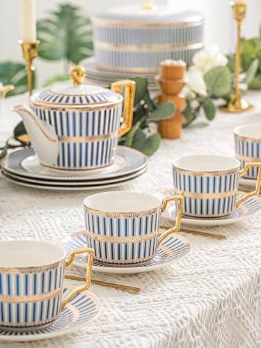 CwlwGO-15 Piece Bone China Tea Cups Sets,British Cups and Saucers Service for 4,Tea/Coffee Cup Set with Teapot Sugar Bowl Cream Pitcher Spoon,Gifts Box. - Image 3