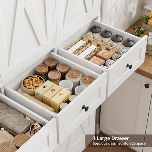 HOSTACK 67"H Farmhouse Kitchen Pantry Storage Cabinet with 3 Drawers, White - Image 6