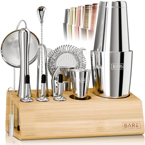 BARE BARREL® Mixology Bartender Kit Bar Set | 14-Piece Cocktail Shaker Set | Martini Barware Mixing Tools for Home Bartending | Incl. 35 Recipe Cards | Gift Set (28oz Boston Shaker, Silver/Natural) by BareBarrel