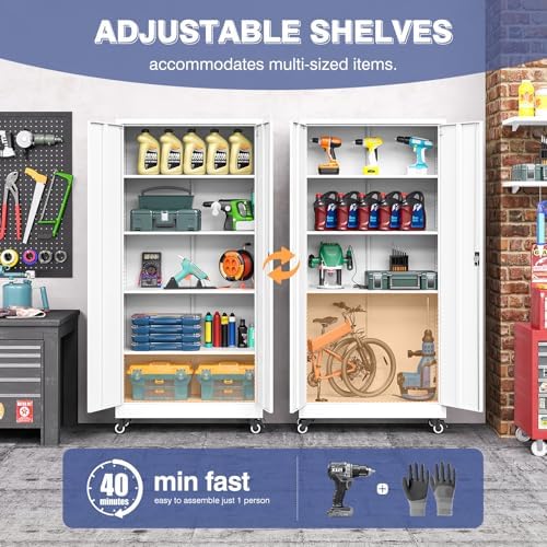 Metal Garage Storage Cabinet with Locking Doors and Adjustable Shelves, Wide & Deep Storage Cabinet on Wheels, 74.5" Rolling Tool Cabinet for Garage, Basement, Home Office - Image 5