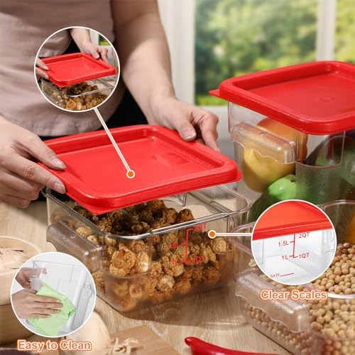 Suclain 8 Pcs Food Storage Container with Lids Set 2qt and 4qt Square Clear Commercial Containers with Scales Handles for Home Restaurant Kitchen Food Storage, Marinating Meat, Proof Dough (Red) - Image 5