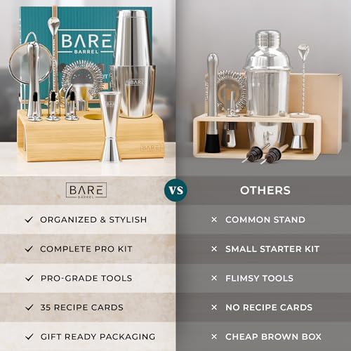 BARE BARREL® Mixology Bartender Kit Bar Set | 14-Piece Cocktail Shaker Set | Martini Barware Mixing Tools for Home Bartending | Incl. 35 Recipe Cards | Gift Set (28oz Boston Shaker, Silver/Natural) - Image 6