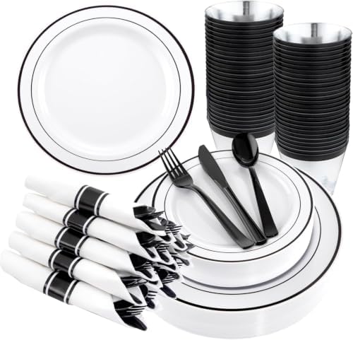 WELLIFE 210Pcs Black Plastic Dinnerware with Pre Rolled Napkins, Include:30 Dinner Plates, 30 Dessert Plates, 30 Paper Napkins, 30 Cups, 90 Plastic Cutlery by WELLIFE