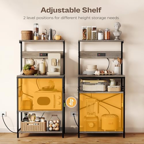 SUPERJARE Kitchen Bakers Rack with Power Outlet, Coffee Bar Table 4 Tiers, Kitchen Microwave Stand with 6 S-shaped Hooks, Kitchen Storage Shelf Rack for Spices, Pots and Pans - Greige - Image 4