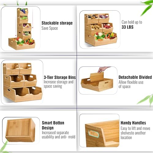 3-tier Stackable Bamboo Pantry Storage Bins, Potato & Onion Storage Baskets - Image 3