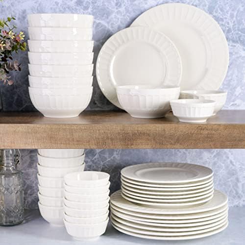Gibson Home Zen Buffet Porcelain Ceramic Dinnerware Sets for 8, Plates and Bowls Set (40pcs), White Embossed Dishes - Image 5