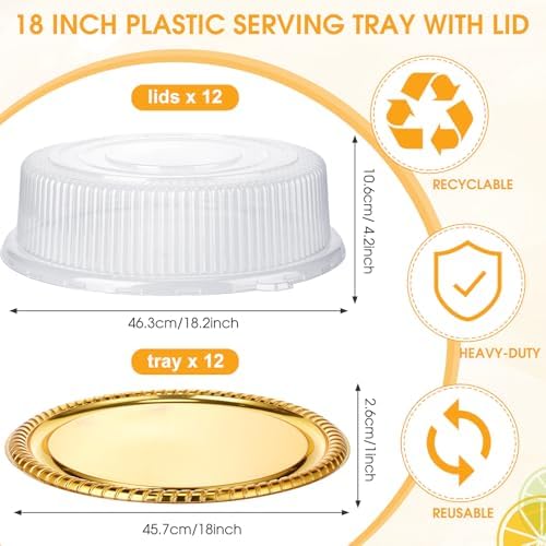 Nitial 12 Pcs Plastic Serving Trays with Lids, Round, Gold, 18 Inches - Image 2