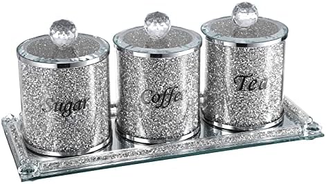 JUXYES Crushed Diamonds Canisters Set for Sugar Coffee Tea Features Tray by JUXYES