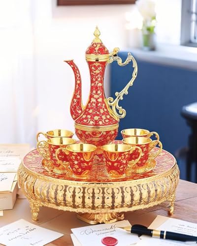 Turkish Tea Set Vintage Coffee Pot with Shiny Crystal Tray and 6 Cups for Home Party Table Decor Red - Image 3