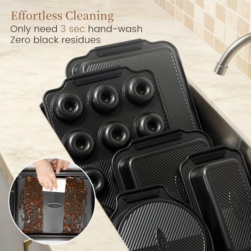 Kikcoin 25-Piece Nonstick Baking Pans Set with Large Turkey Roasting Pan, Stackable Ceramic Bakeware Set, 450°F Oven Safe Baking Sheet Set with Silicone Handles, Cookie Sheets for Baking, Black - Image 6