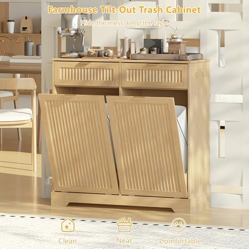 Double 13 Gallon Tilt Out Trash Can Cabinet,Garbage Cabinet with Drawer - Image 5