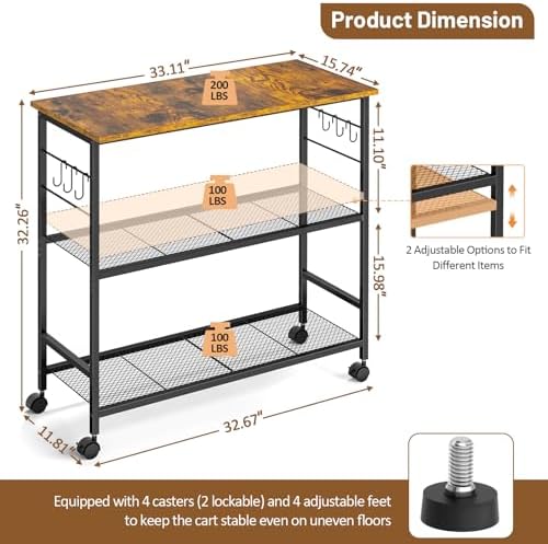 3 Tier Rolling Kitchen Microwave Cart, 33 Inch Microwave Table Stand with Adjustable Shelf, Kitchen Storage Island Utility Cart on Lockable Wheels, Bakers Rack Coffee Bar for Living Room, Office - Image 2