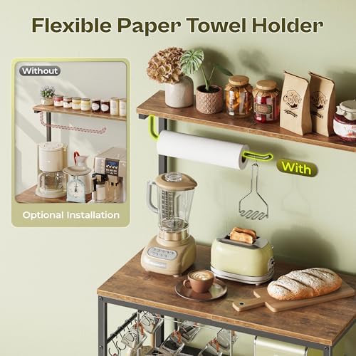 Huuger 4-Tier Bakers Rack with Reversible Power Outlet, 23.6 Inch Microwave Stand, Kitchen Coffee Bar, with Top Shelf, 6 S Hooks, Rustic Brown - Image 5