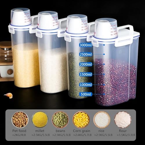 5.5 Lbs Rice Airtight Dry Food Storage Container Set of 4, Rice Storage Bin Cereal Containers Dispenser, Thicken Plastic Clear Food Storage Box with Pouring Spout, Measring Cup for Grain, Flour Snacks - Image 6