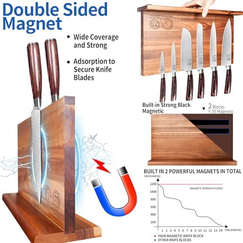XYJ Extra Large Magnetic Knife Block Acacia Wood Knife Set Holder Stand With Stronge Magnetic Strip Kitchen Knives Storage Rack Organizer Tools No Drilling - Image 3