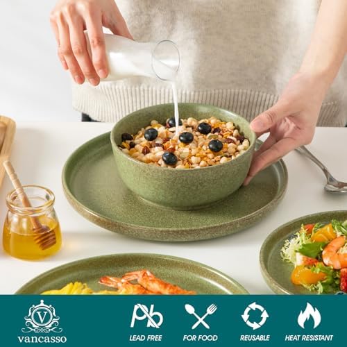 vancasso Plates and Bowls Sets, 18 Pieces Stoneware Dinnerware Set for 6, Ceramic Dish Set for Kitchen, Microwave and Dishwasher Safe, Mossy Green, Series ZERMATT - Image 3