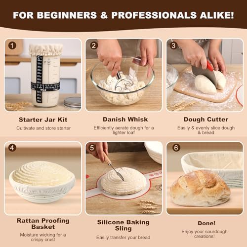 Sourdough Bread Baking Supplies, Banneton Bread Proofing Basket, 10 Inch Oval & Round Bread Baskets with Liners & Covers, Sourdough Starter Kit - Image 3