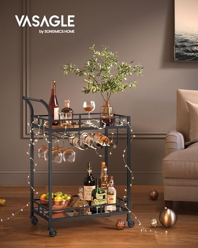 VASAGLE Bar Cart with 2 Mirrored Shelves, Wine Holders, Glass Holders - Image 2