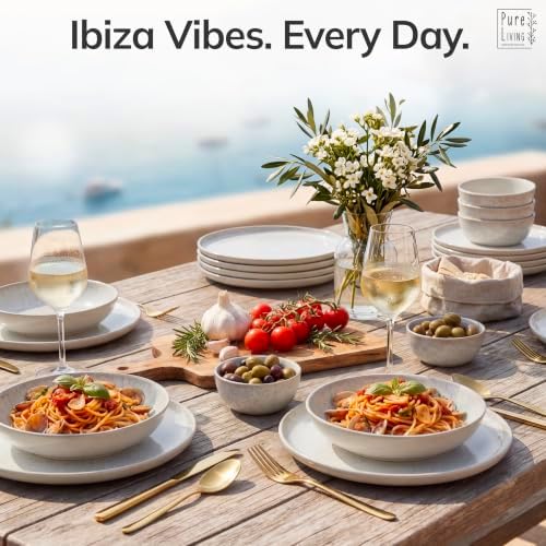 12 Piece Stoneware Dinnerware Set for 4, Handcrafted Plates and Bowls Set - Image 2