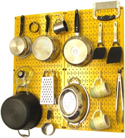 Wall Control Kitchen Pegboard Organizer Pots and Pans Storage Rack Organization Kit with Yellow Pegboard and White Accessories by Wall+Control