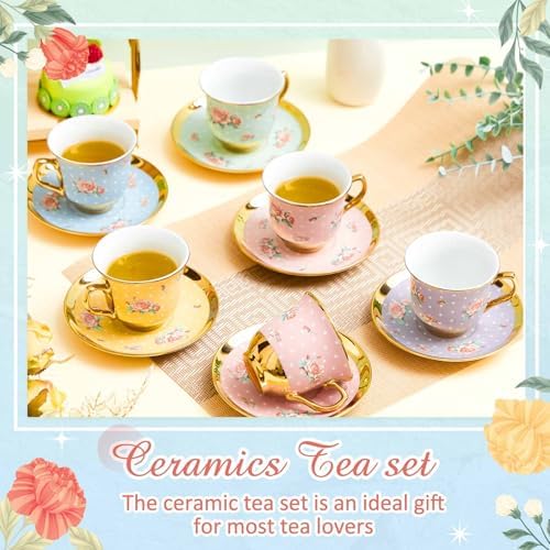 Teenyyou Set of 12 Tea Cups and Saucers, Vintage Style, 5.4 oz - Image 5