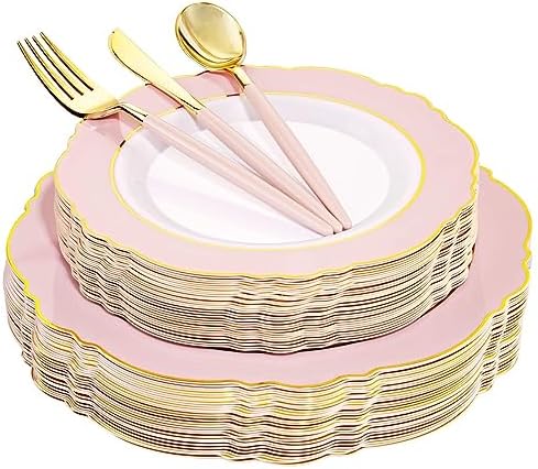 WDF 30Guest Pink Plates Disposable - Hign-end Baroque Design - Gold Plastic Silverware with Handle-Baroque Pink &Gold Plastic Dinnerware for Baby Shower/Wedding/Birthday/Summer Party by WDF
