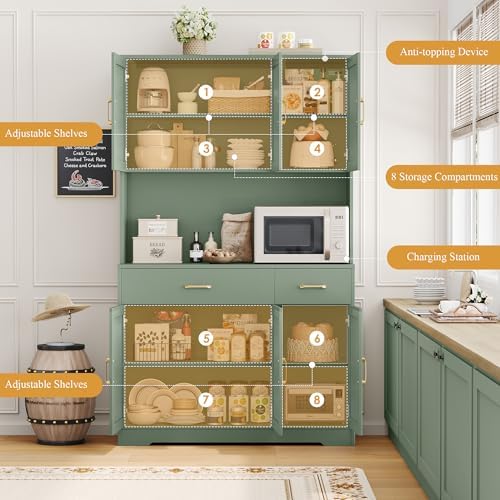 HOSTACK 71"H Kitchen Pantry Storage Cabinet, Farmhouse Hutch Cabinet, Green - Image 6
