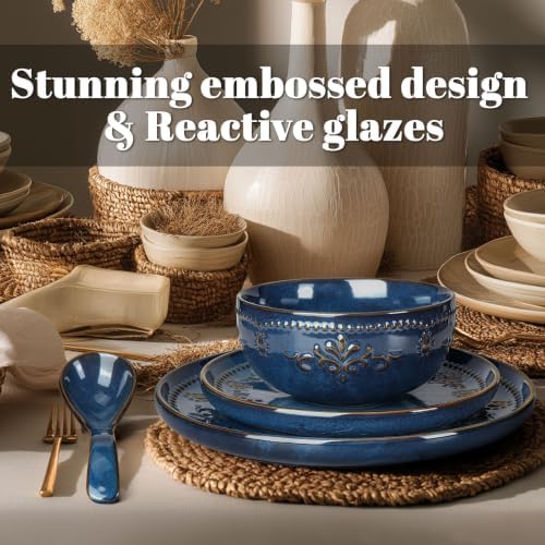 Artena 4-Piece Handcrafted Ceramic Dinnerware Set, Service for 1 – Reactive Glaze Embossed Plates, Bowls & Soup Spoons Included, Dishwasher & Microwave Safe, Blue, Damask Floral - Image 3