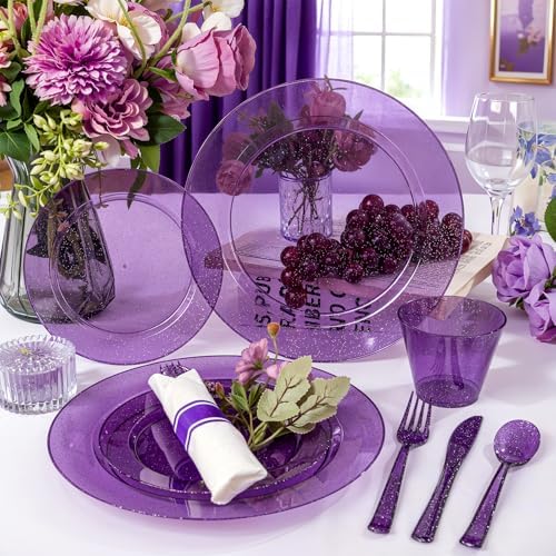 DaYammi 210PCS Purple Glitter Plastic Dinnerware Set for 30 Guests - Image 3