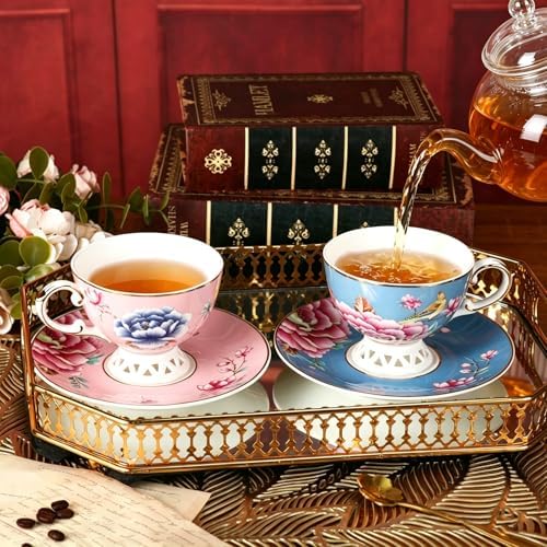 KAMMAK Tea Cups and Saucers Set of 2, Fine Bone China Coffee Cups, GH019 - Image 5